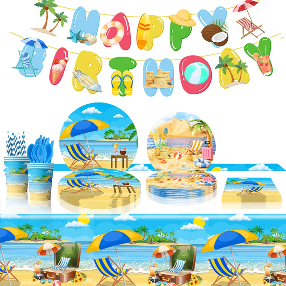 Happy Summer Beach Party Decoration Flamingo Beach Party Tablecloth Hawaiian Swim Event Supplies Balloons Backdrop Tableware