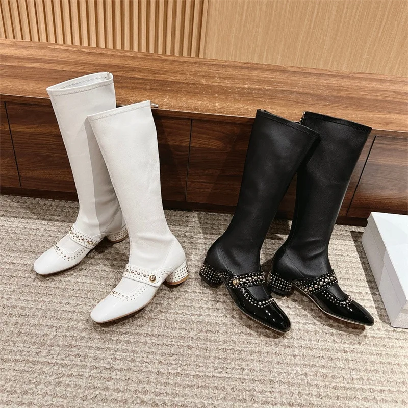 Mary Jane Metal Bead Elastic Boots High Grade Top Version Rear Zipper Cylindrical Heel Socialite Long Boots Short Boots Female