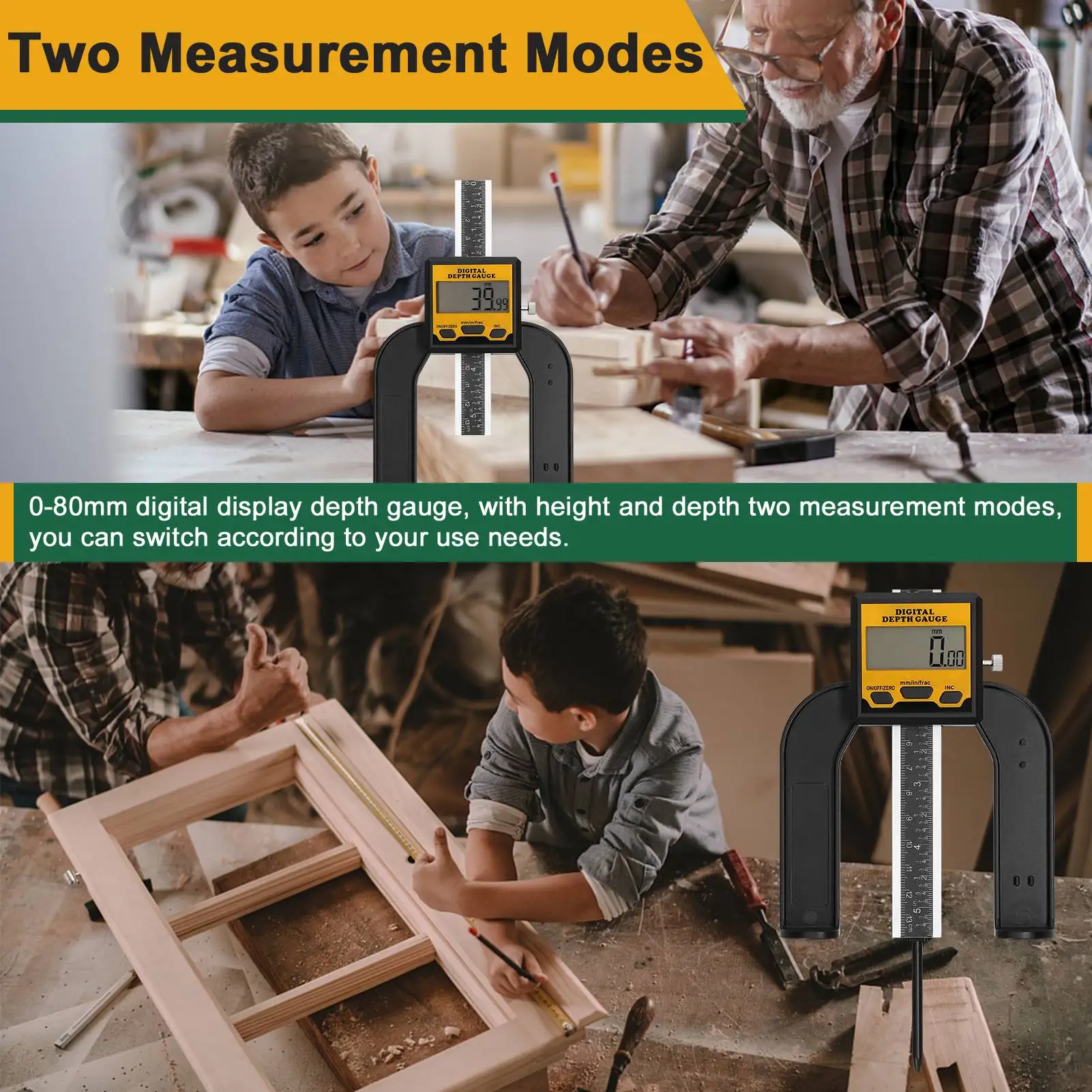 0-80mm Woodworking Depth Ruler Digital Tablesaw Height Ruler Digital Height Depth Gauge LCD Display Vernier Caliper 3 Unit Modes