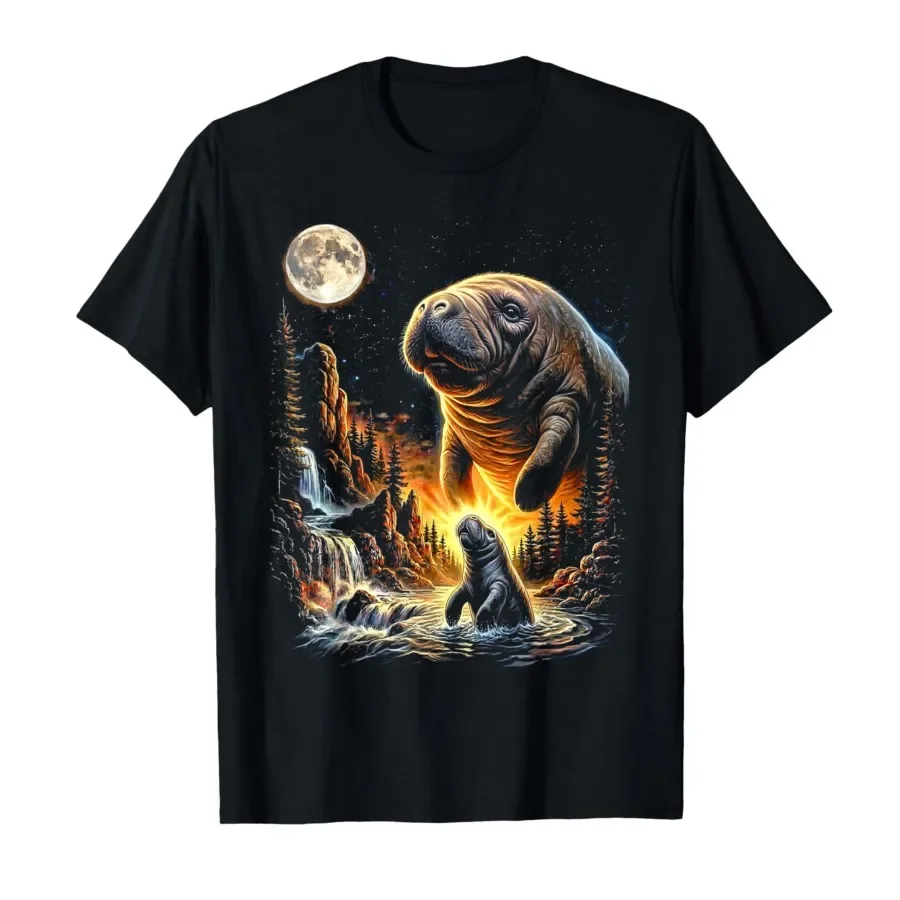 

Cute Manatee Howling to The Moon 90s Retro Ocean Animal Meme T-shirt For Men Women 100% Cotton T Shirts Short Sleeve Tops 0410-2