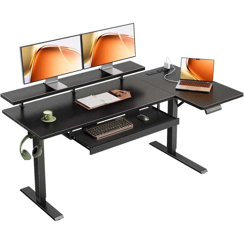 

55 Inch L Shaped Electric Standing Desk with Keyboard Tray, Reversible Height Adjustable Computer Desk with Monitor Stand, Sit S