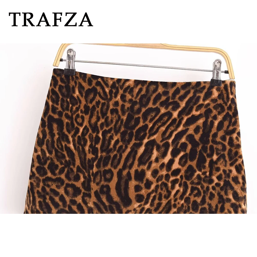 TRAFZA Fashion 2024 Autum Winter Leopard Women Suit High Street Jacket Elegant Blzaer+Sheath Mini Skirt Chic Sexy Party Sets