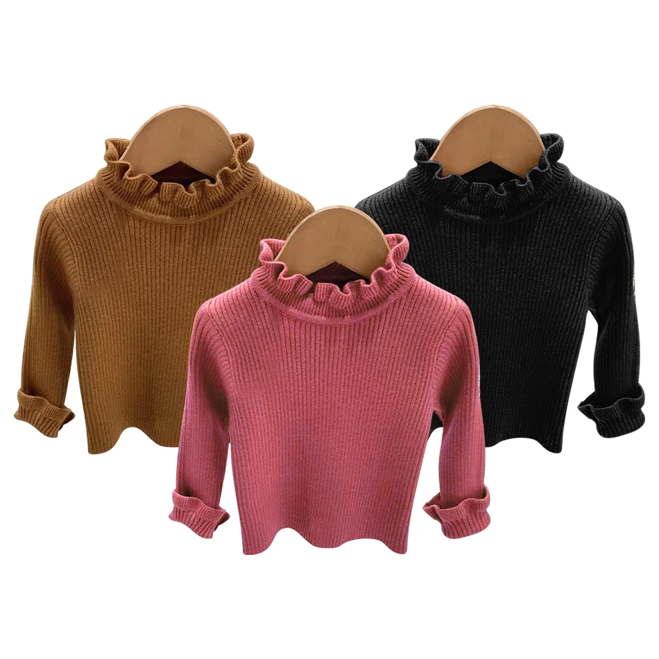 

Stylish Girls High Neck Warm Solid Color Sweaters Suitable Autumn and Winter Soft Comfortable Layering Knitted Ruffle Collar Top