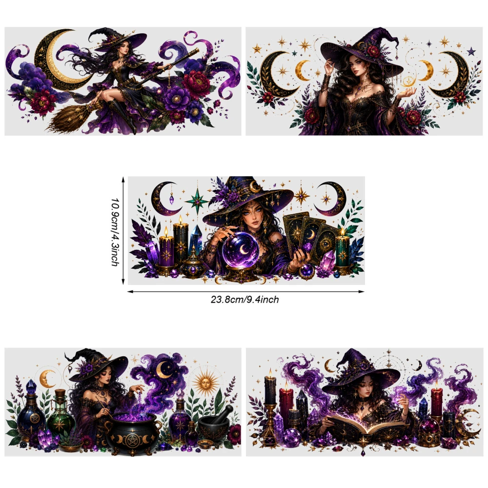 5 Sheets Mystical Witch Art UV DTF Stickers UV DTF Stickers Waterproof Rub on Transfers Glass DTF Transfer Stickers