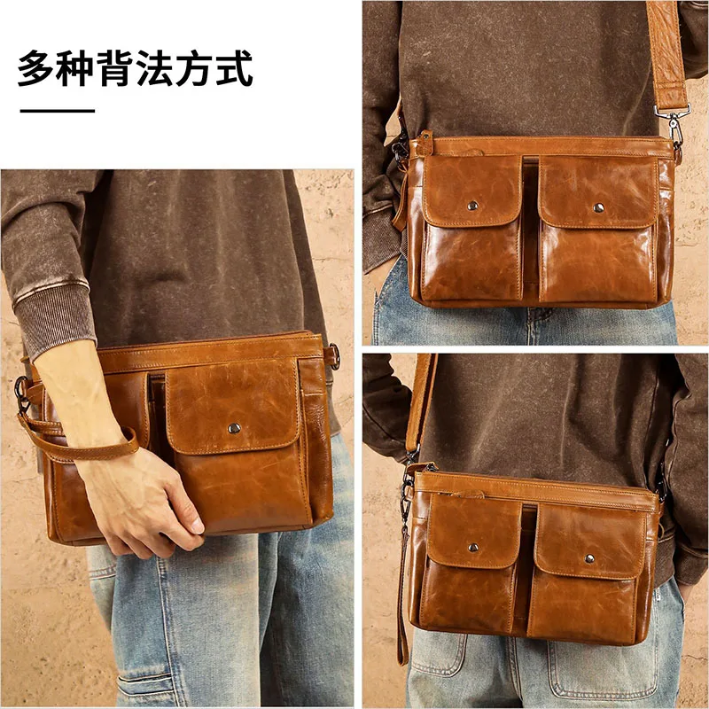 Crazy Horse Genuine Leather Messenger Bag for Men Crossbody Shoulder Purse Detachable Strap Multi Compartment Casual Sling Bags