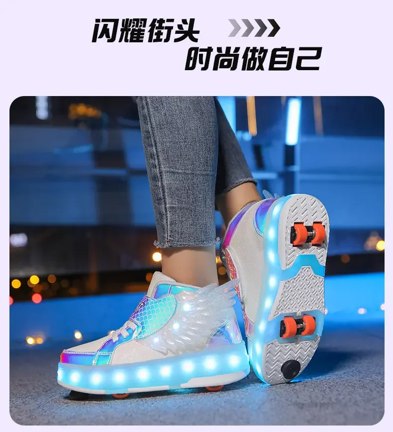 Children’s Two Wheels Luminous Glowing Sneakers Heels Pink Led Light Roller Skate Shoes Kids Led Shoes Boys Girls USB Charging