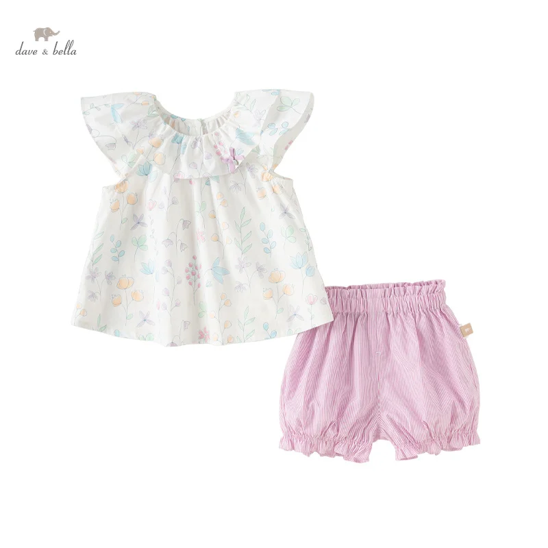 Dave Bella 2024 New Summer Children'S Girls Baby Two-Piece Girls Shorts Set Cotton Charm Sweet Floral Lovely Casual DB2240783