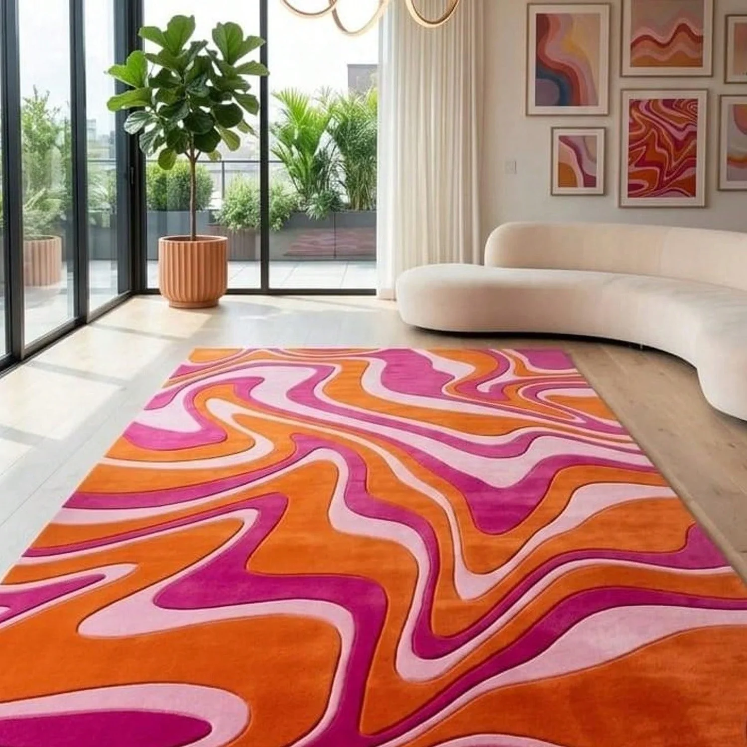 Abstract Wave-Patterned Tufted Carpet in Pink-Orange Tones, Featuring 3D Embossed Design and High-Quality Wool Material, with a Unique and Avant-Garde Style, Suitable for Living Room Flooring