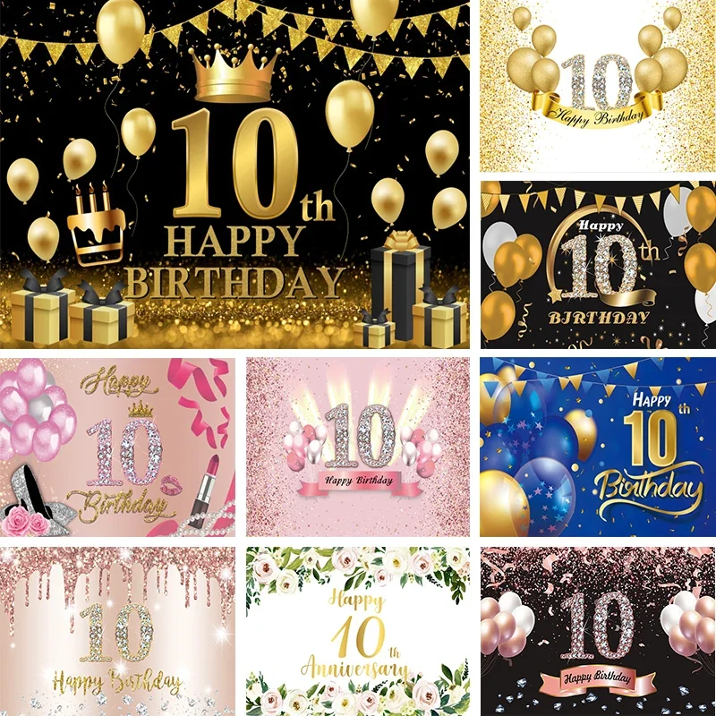 Happy 10th Anniversary Backdrop Boys Girls 10 Years Birthday Party Black and Gold Cake Table Decorations Photo Background