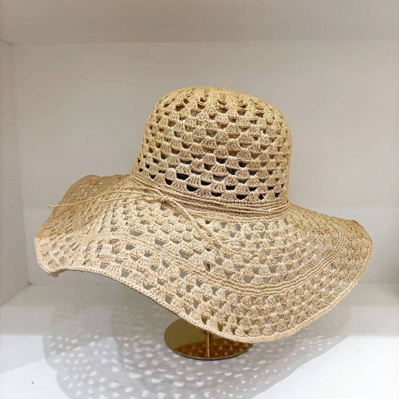 High Quality Summer Hand Hooked Hollowed Out Rattan Large Straw Hat Fashionable Breathable Outdoor Sun Protection Shade Beach