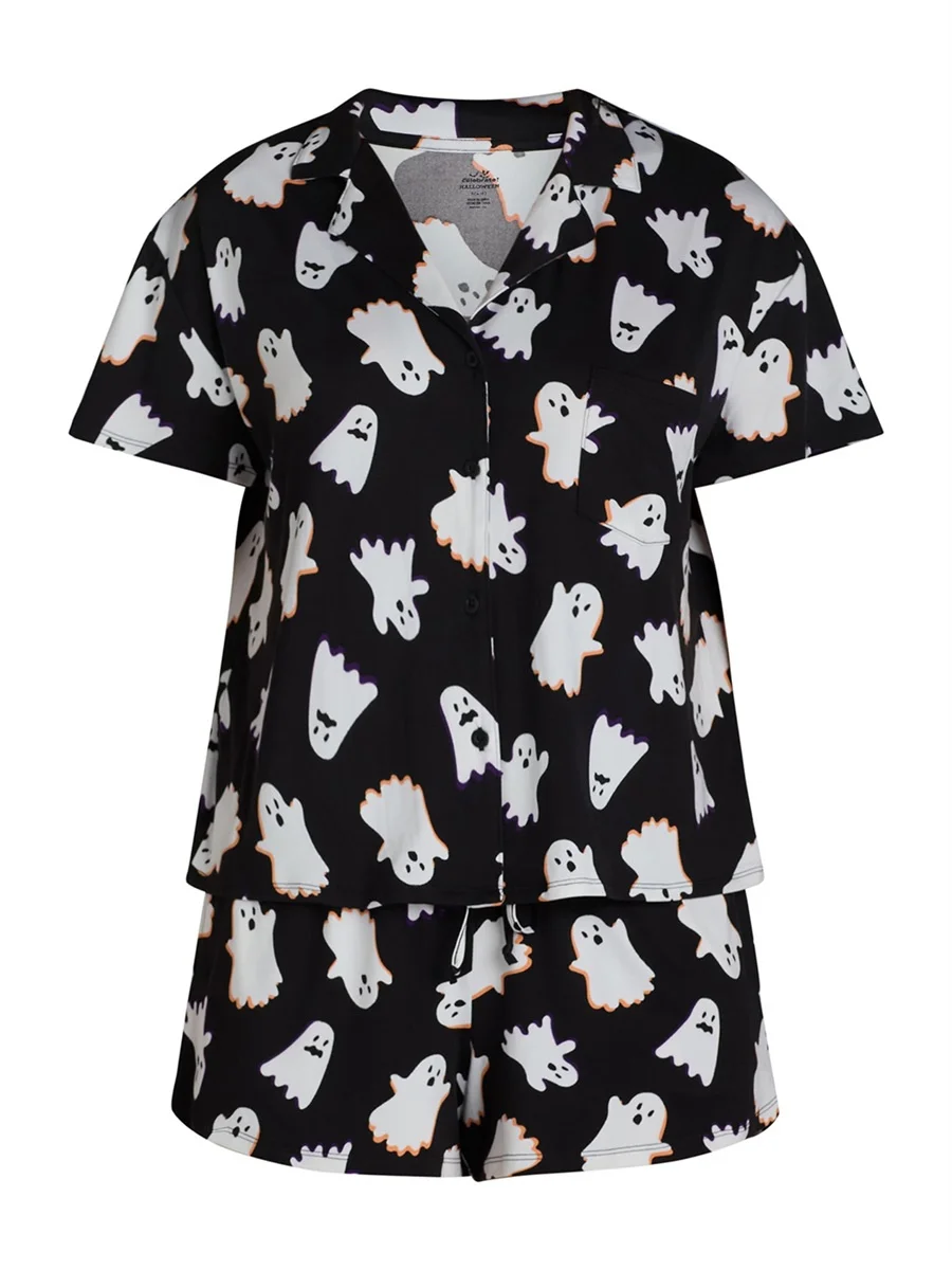 Halloween Pajamas Women Pumpkin Ghost Graphic 2 Piece Sleepwear Short Sleeve Button Shirt Pjs Shorts Set