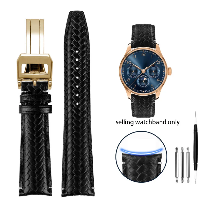 20mm  22mm Woven Genuine Leather Watch Band Cowhide Strap fit for IWC Portugieser Pilot IW394005 IW3777 Blue Soft wristband belt