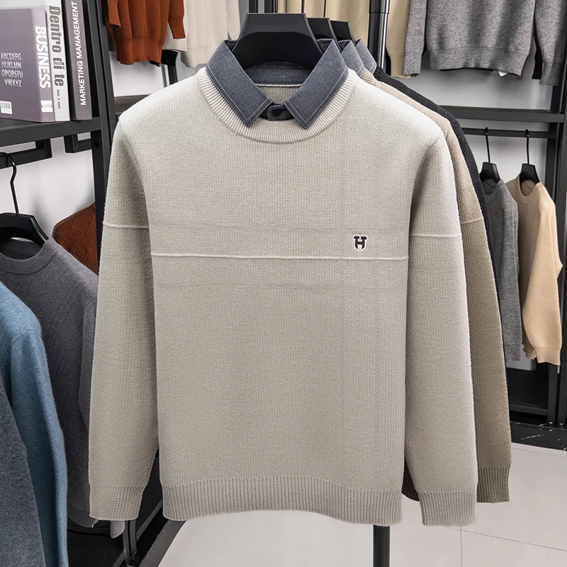 Men’s Knit Sweater Fake Two Piece Layered Design Long Sleeve Round Neck Soft Warm Fabric Casual Fashion Autumn Winter Men’s We