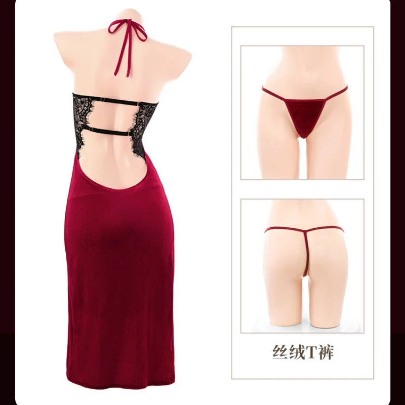 플러스 사이즈 여성 란제리 하이 스플릿 치파오 드레스 에로틱 백 레스 Qipao 유니폼 롤 플레잉 레트로 중국 스타일 잠옷