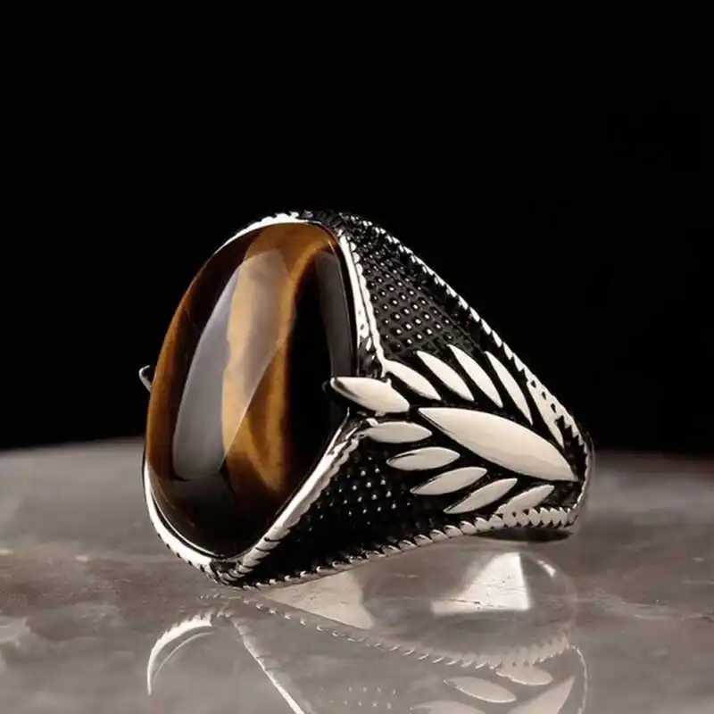 Silver Tiger Eye Stone Embroidered Men's Ring - 925 Sterling Men's Jewelry Wedding Birthday Gift - Box - Tiger Eye Stone - Men - Fashion - Botiva - Size - Turkish - Patterned Embroidery