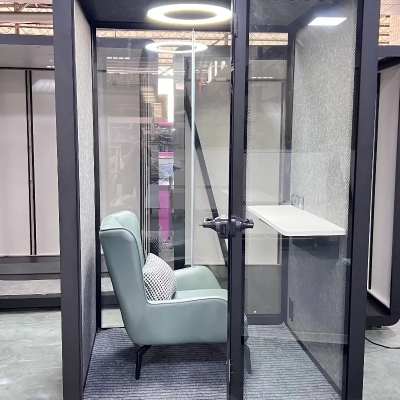 Sustainable Wood Office Pod Acoustic Phone Booth Privacy Workspace With Glass Door Recyclable Materials and Built-in Power