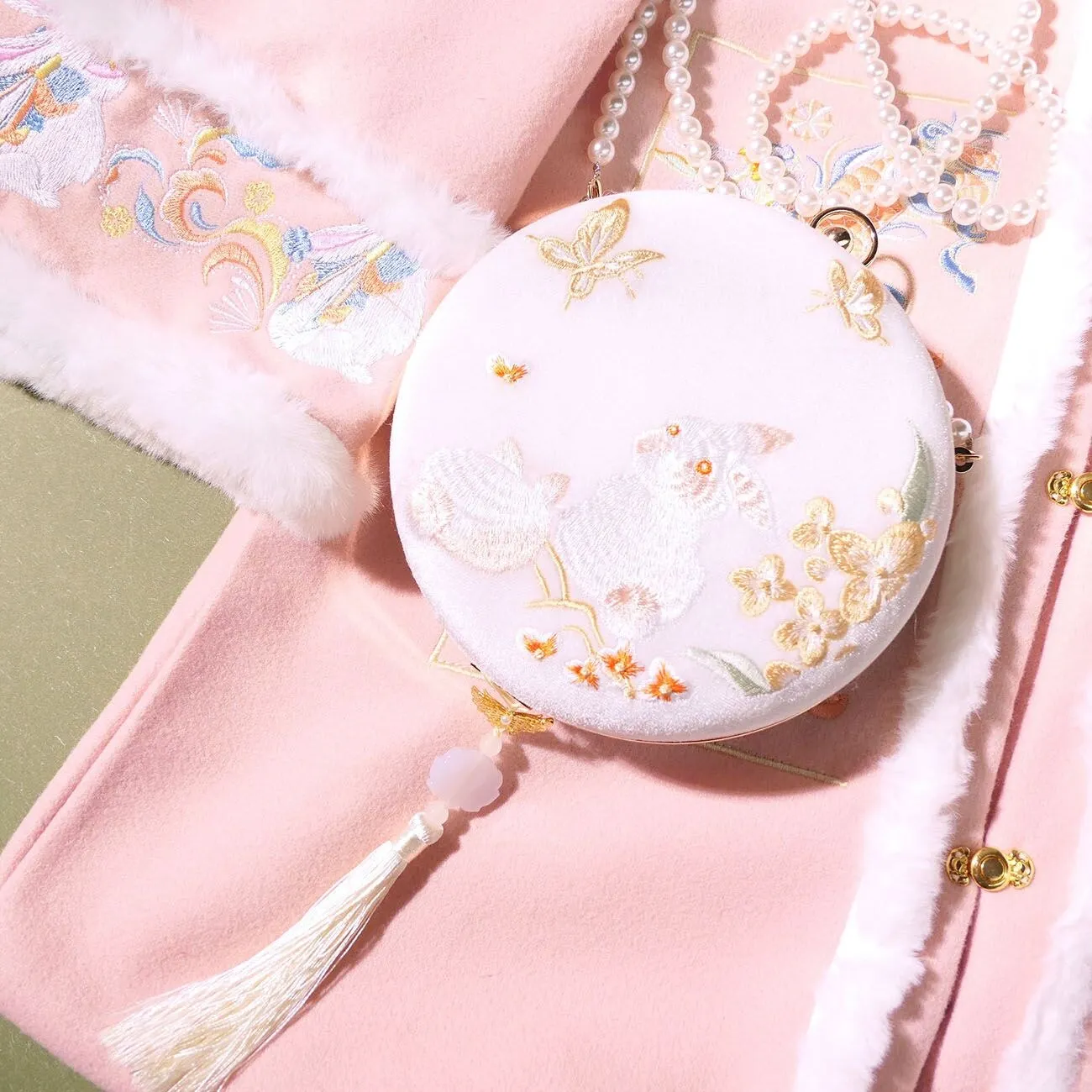 Chinese Style Hanfu Cheongsam Embroidered Cute Rabbit Floral Butterfly Round Purse Pearl Chain Tassel Crossbody Shoulder Bags