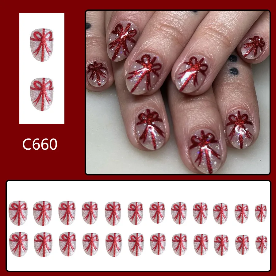 24szt New Christmas Short Press on Nail Sweet Bow Ribbon Wine Red Loose Powder Fake Nails for Women and Girl Wearable Nail