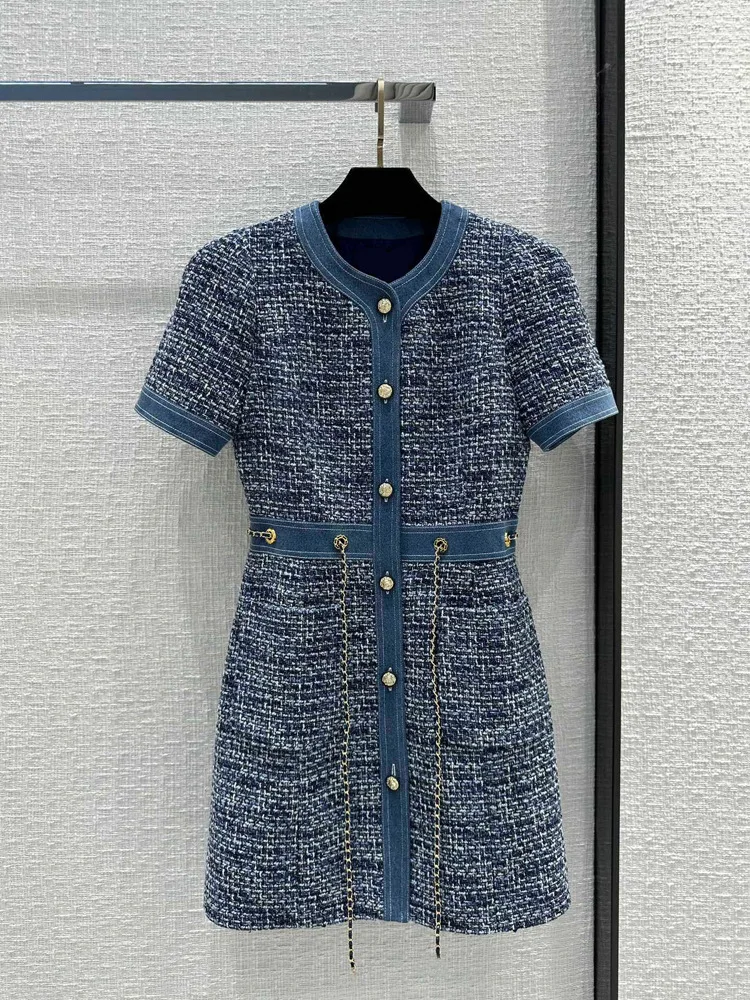 2023 Spring Brand New Designer Women's High Quality Blue Plaid O-neck Short Sleeves Tweed Dress B671