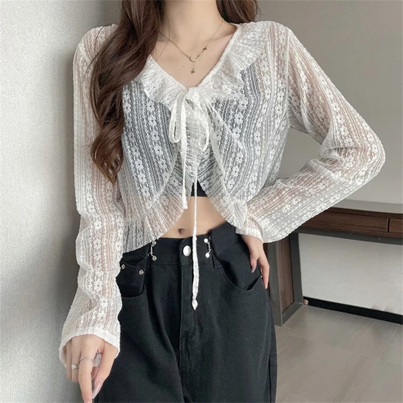 

Women Tulle Solid Shirt Korean Sexy Lace Up Ruffles Long Sleeve Female Blouse Summer Fashion All Match Thin Ladies Cardigan