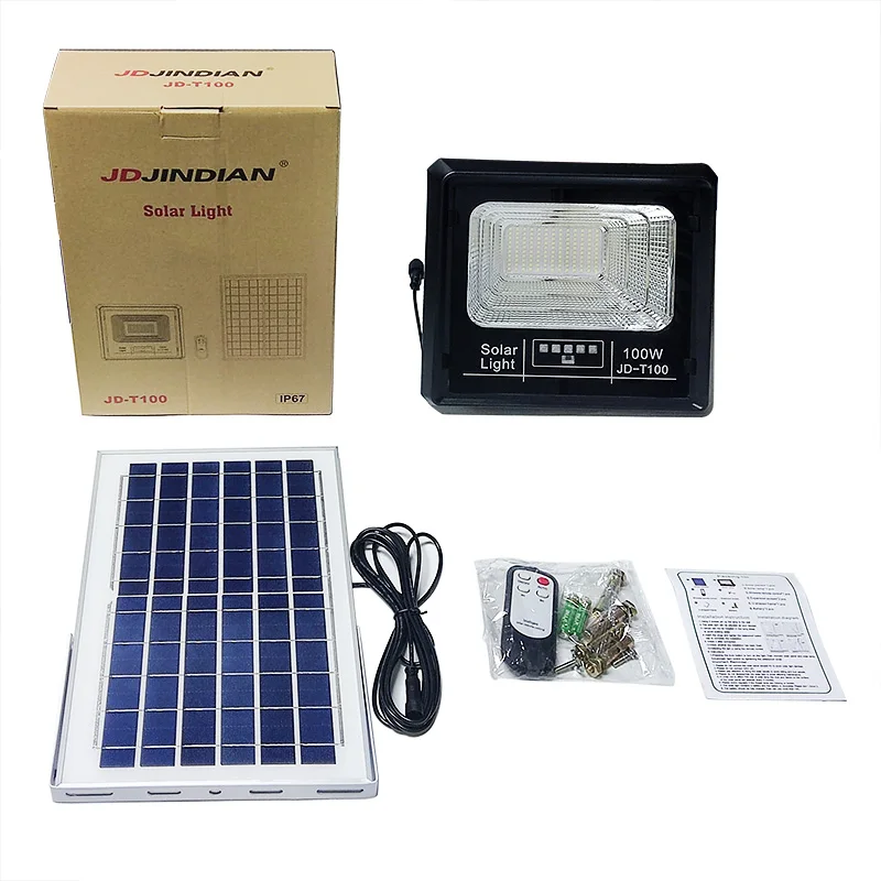 10 unids / lote lámpara solar para garaje 100W foco al aire libre IP67 LED luz de inundación solar con control remoto