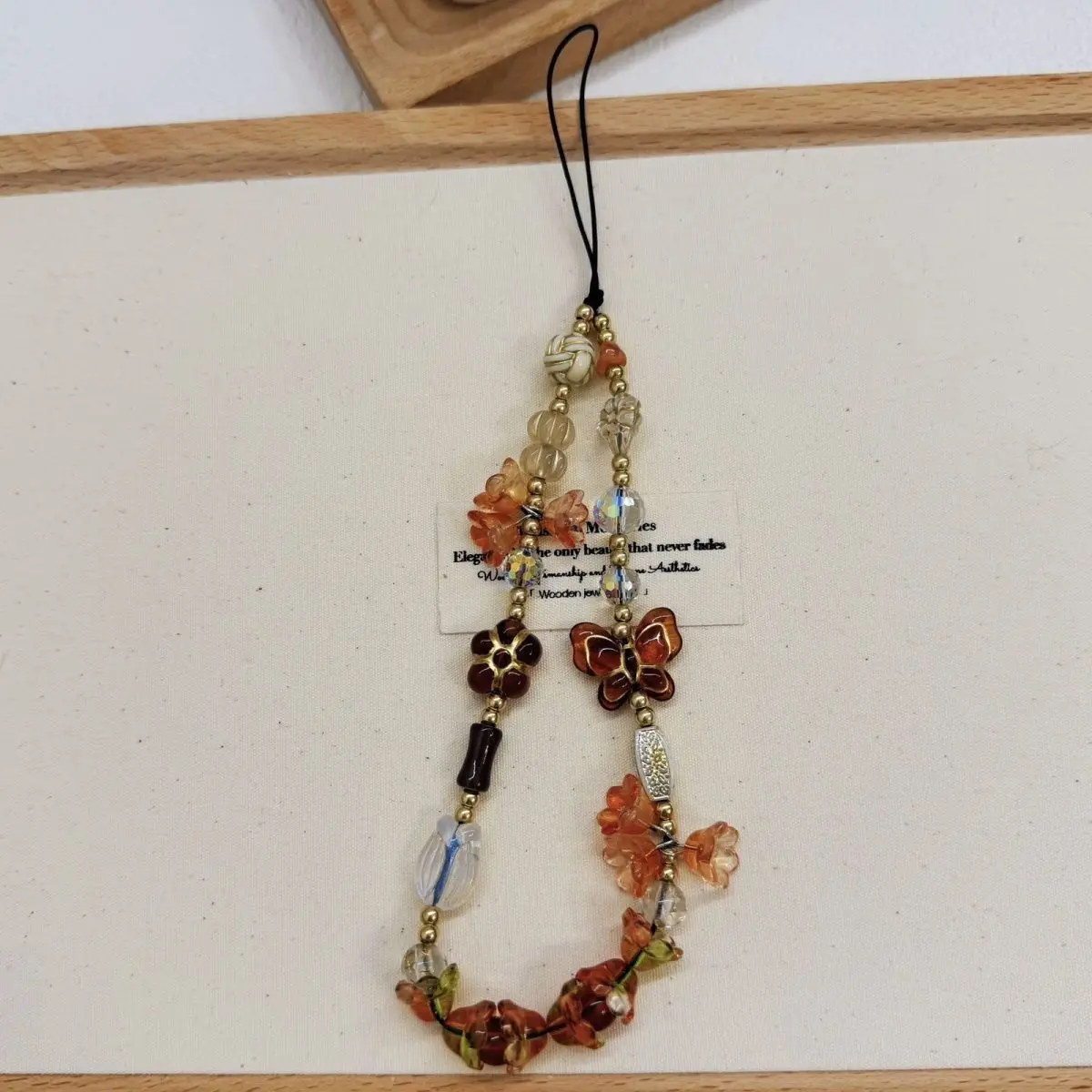 Vintage Brown Bellflower Phone Charm Lanyard Retro Beaded Butterfly Short Wrist Strap Bracelet for Women Bag CCD Camera Pendant