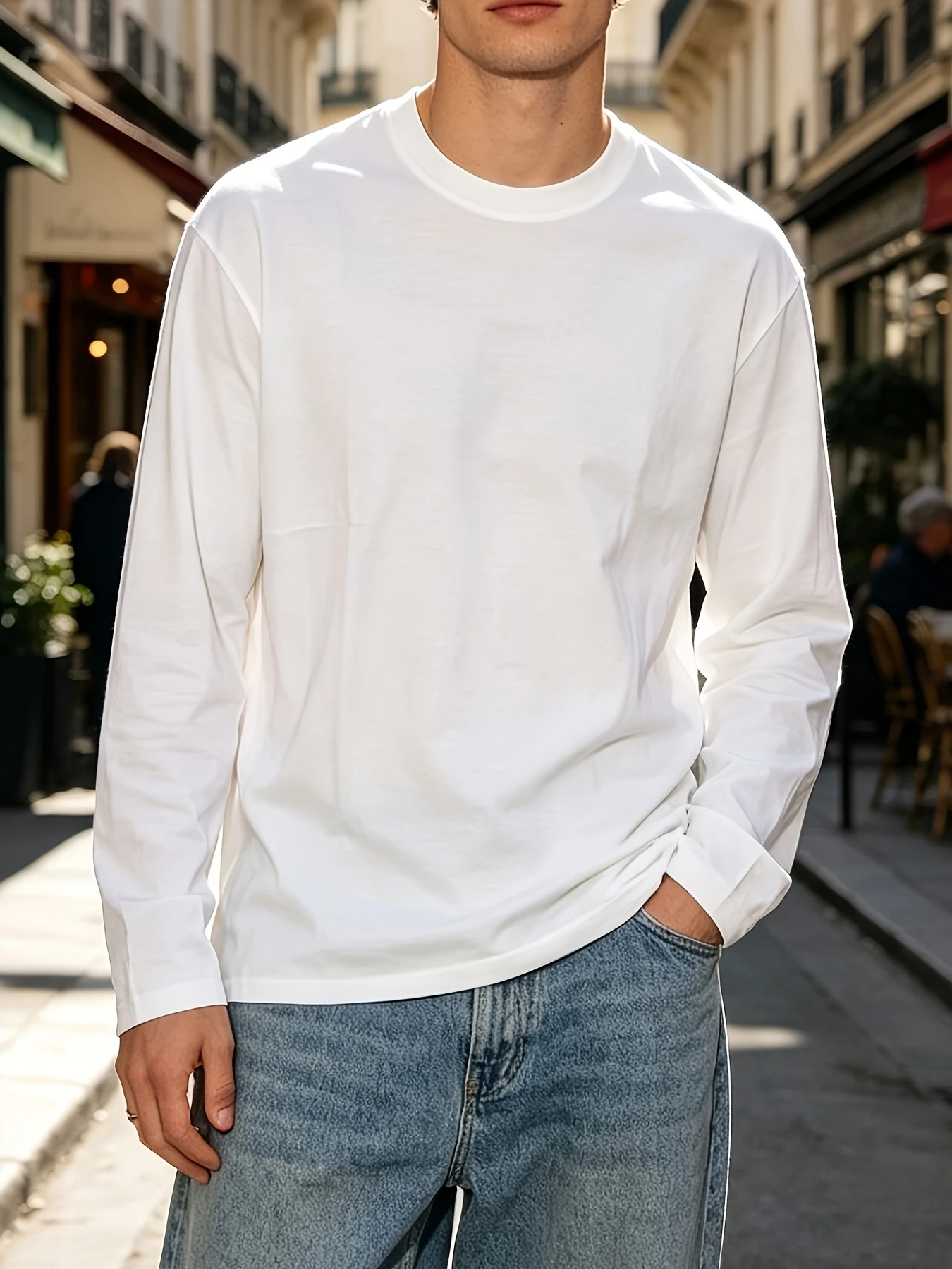 Men'S Fashion Solid Classic Wide Shoulder Top, Spring/Autumn Base Layer Round Neck Long Sleeve, Comfortable and Soft Fabric
