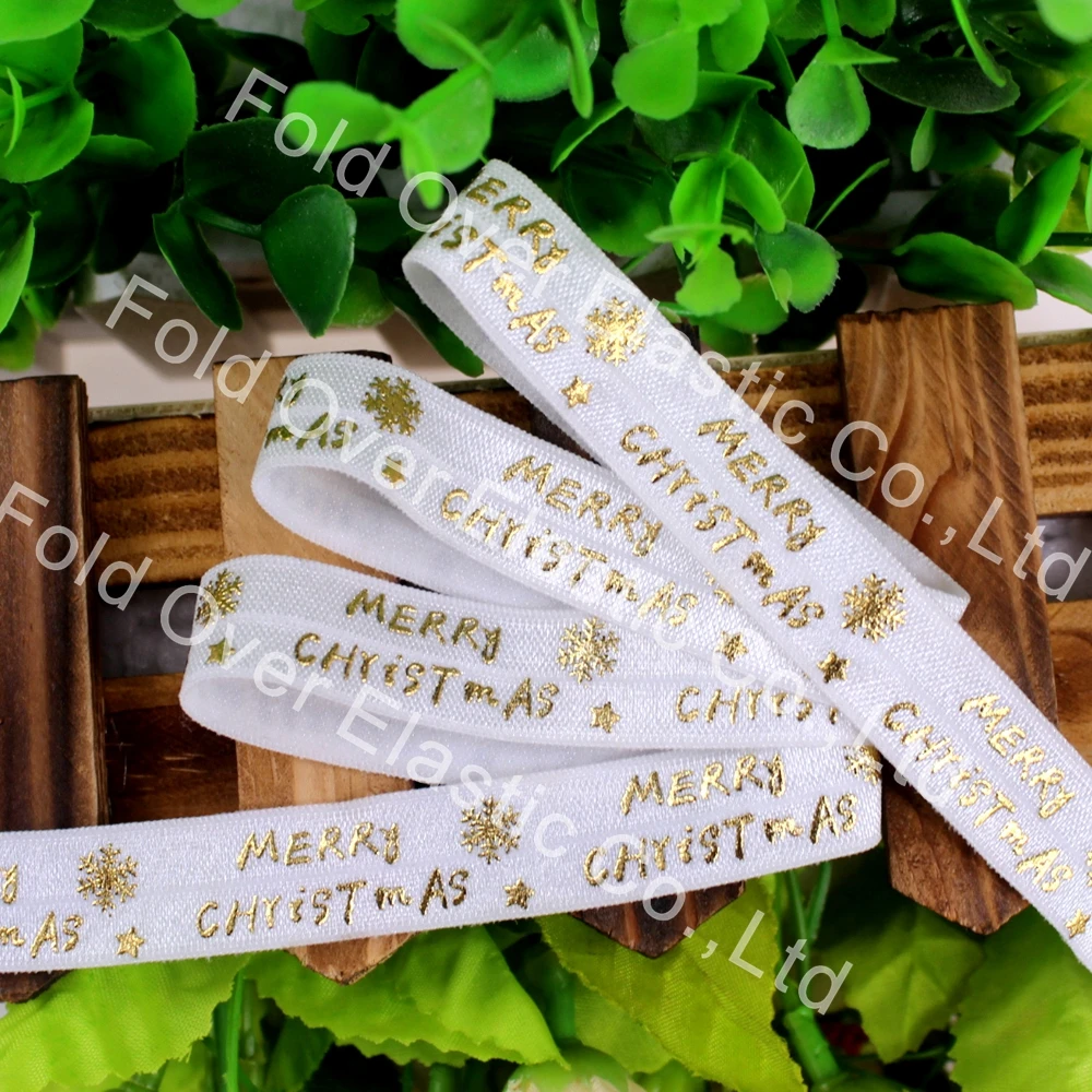 

5/8" 15mm Gold Foil Merry Christmas Deer Printed FOE Band Christmas Gift Fold Over Elastic Ribbon For Christmas Decoration