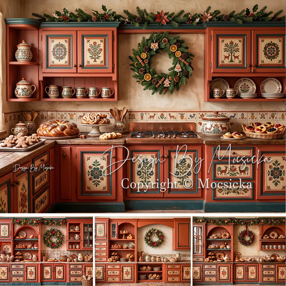 Mocsicka Backdrop Photography Christmas Kitchen Cabinet Wreath Cookie Gingerbread Background Family Rustic Holiday Studio Photo