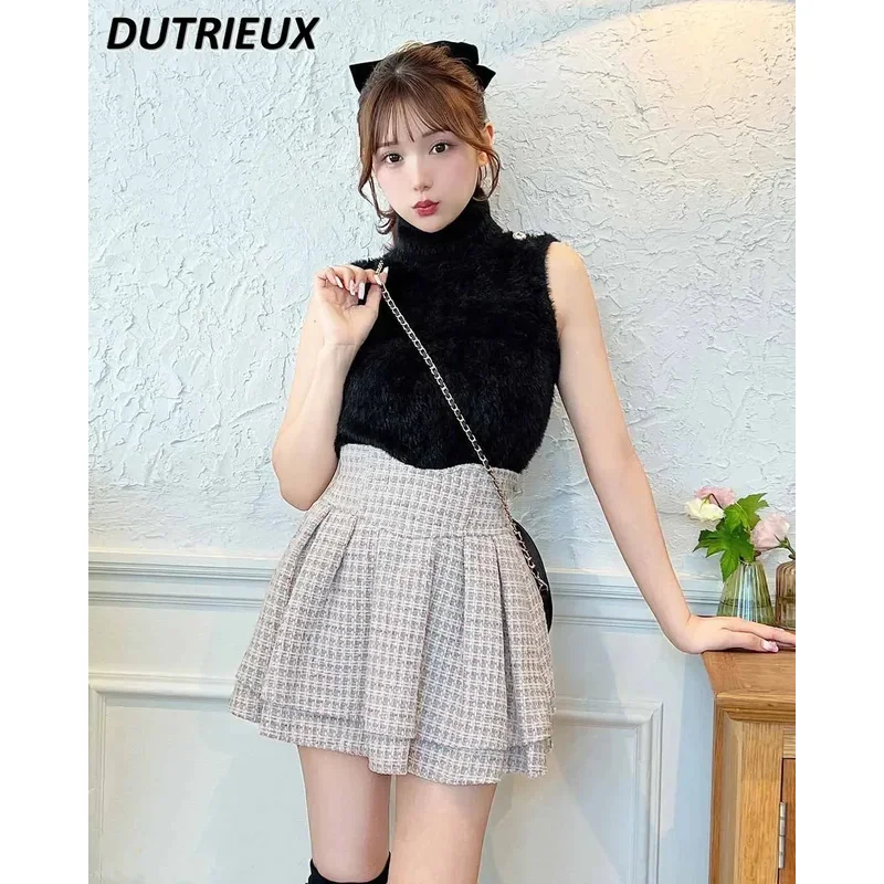 ロリータ風スカート フリル プリーツ チェック柄 レディース 2024年 春 ウエストゴム ハイウエスト スリミング ジェントル ミニスカート キュロット;2'k,8;c'