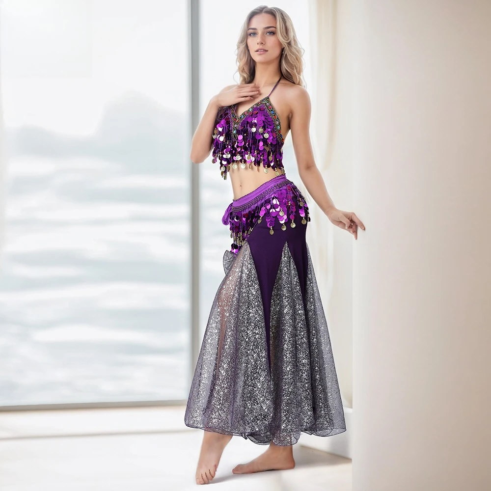 Sequin Tassel Belly Dance Skirt Exotic Tribal Dance Costume Stage Competition Party Performance Outfit