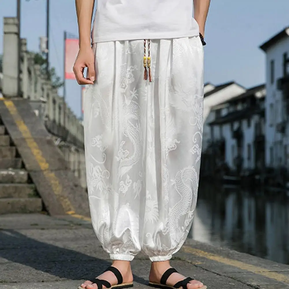 Men Pants Lantern Pants Summer Silk Gypsy Boho Baggy Pants Dragon Print Ankle banded Soft Harem Pants Long Yoga Pants