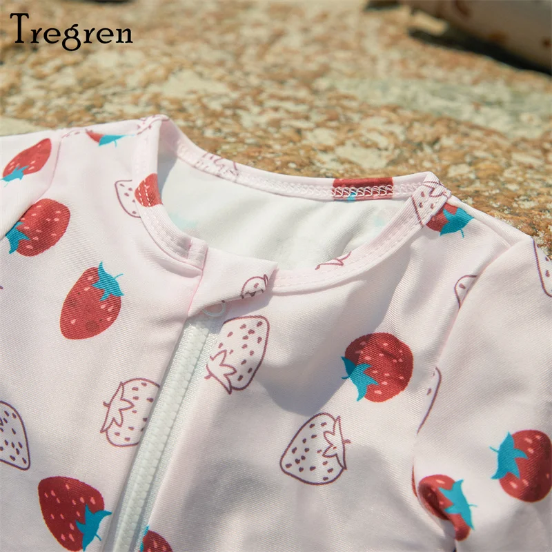 Tregren Toddler Baby Girl Swimsuit Strawberry Print Zipper Jumpsuit Swimwear With Headband Infant Bathing Suit Summer Beachwear