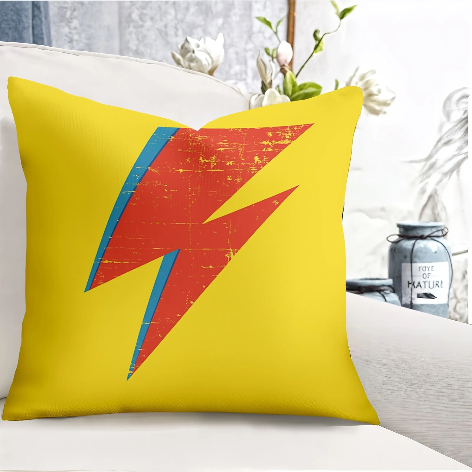 David Bowie Lightning Bolt Pillow Cover 18x18 Inch Polyester Zipper Machine Washable Retro Vintage Yellow Red Decor
