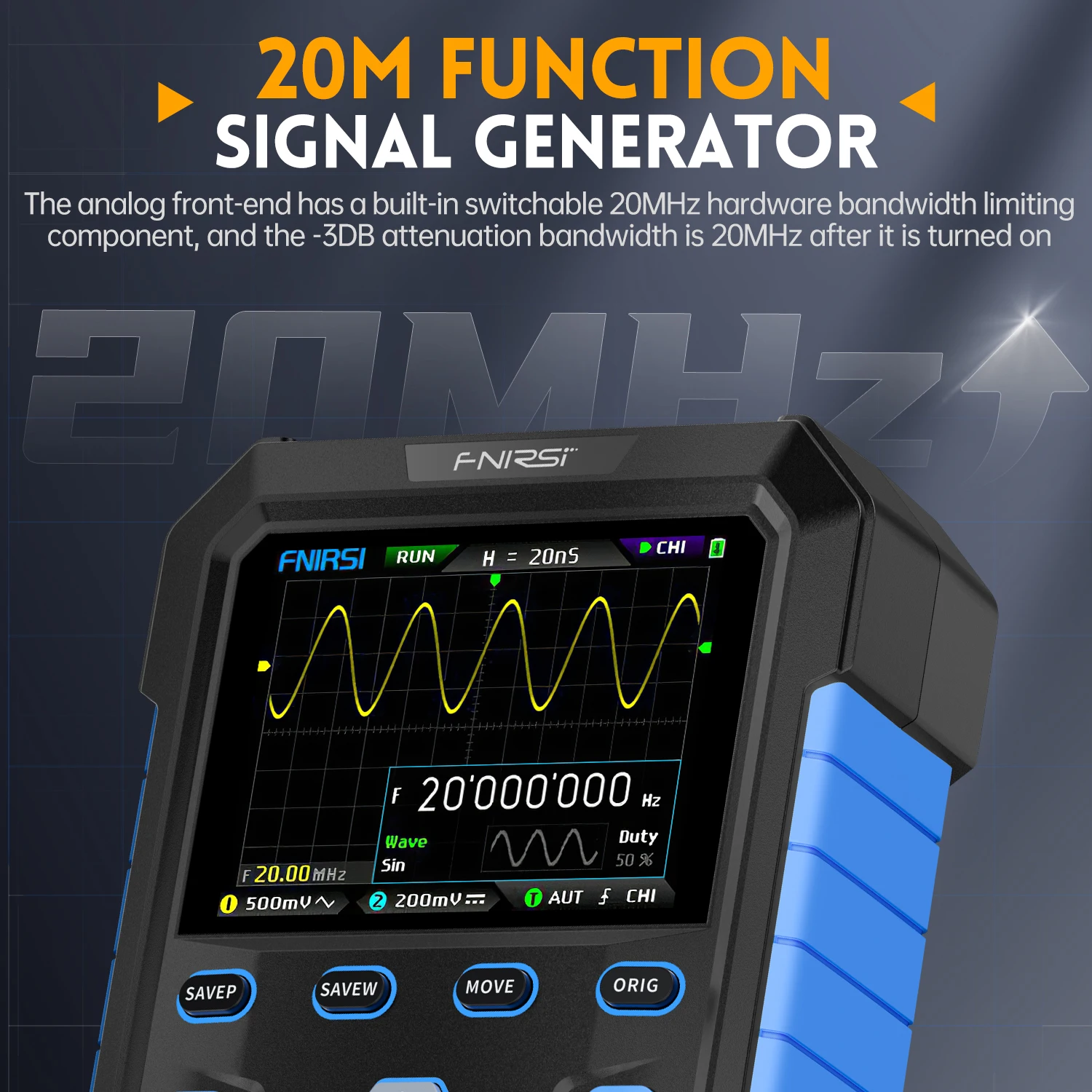 FNIRSI DPOX180H Dual Channel Handheld Digital Oscilloscope 180MHz-3DB 2 In 1 Function Signal Generator Fluorescence Display ZOOM