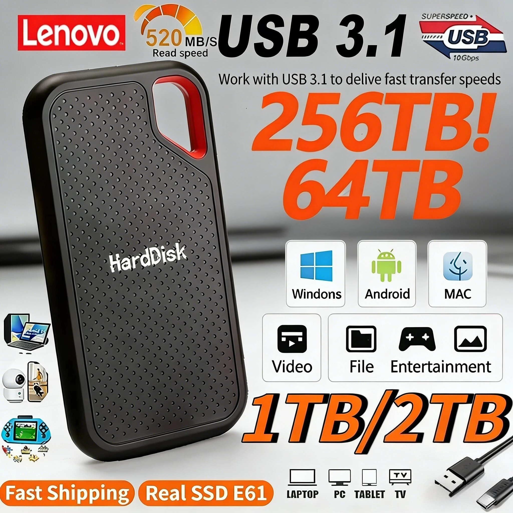 

Внешний жесткий диск Lenovo USB 3.1 SSD E60 2TB 6TB 8TB 256TB для ноутбуков, PS5, мобильных устройств, HDD-накопитель