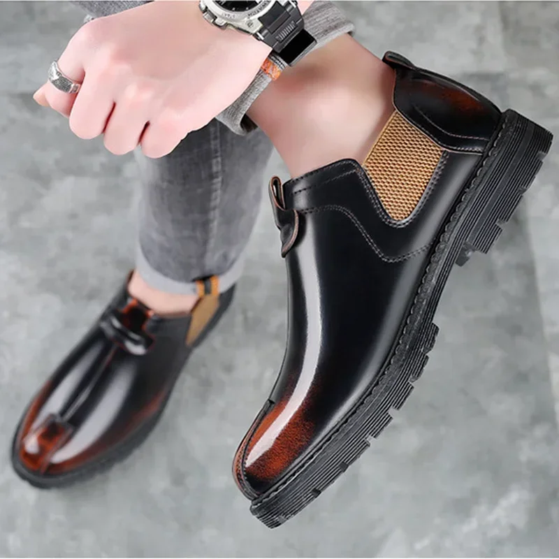 Men's Casual Shoes British Tooling Trendy Shoes Mens Chelsea Single Boots Slip-on Round Toe Retro Men Shoes Men Fashion Sneakers