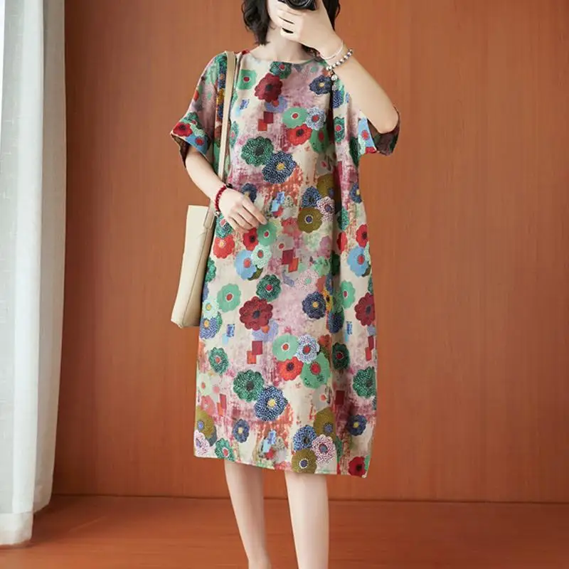 

2024 Women Summer Fashion O-neck Casual Dress Female Short Sleeve Loose Pullover Dresses Ladies Long Flower Print Vestidos X31