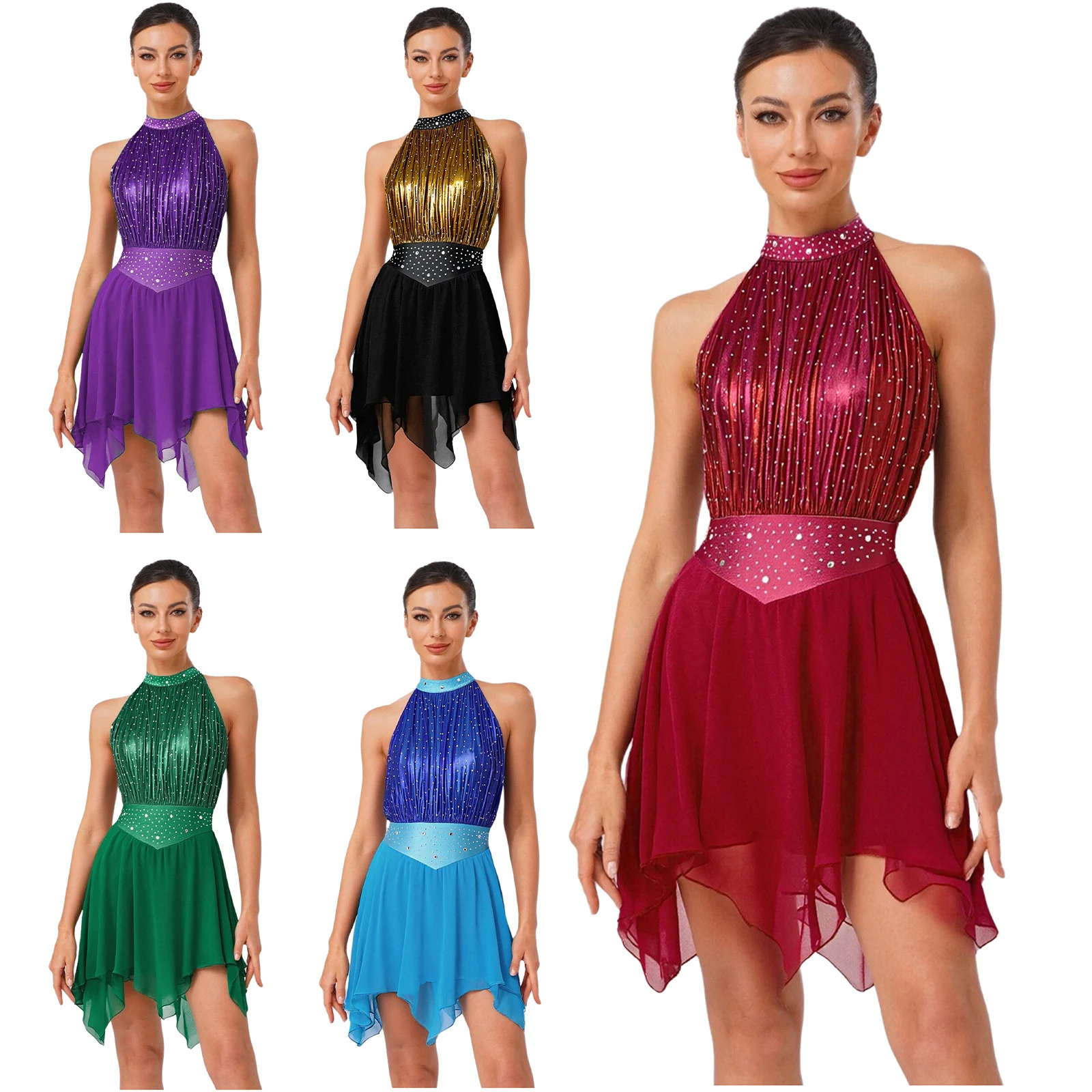 Womens Lyrical Figure Skating Dance Dress Rhinestone Irregular Hem Sleeveless Ballet Dance Dress Metallic Mesh Ballet Dancewear