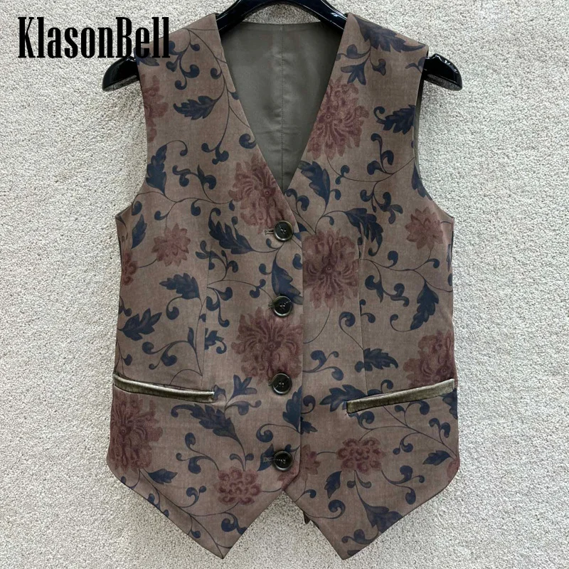 

6.24 KlasonBell Celebrity Same Velvet Pocket Spliced Vintage Leaf Print V-Neck Vest Top Or High Waist Wide Leg Pants Set Women