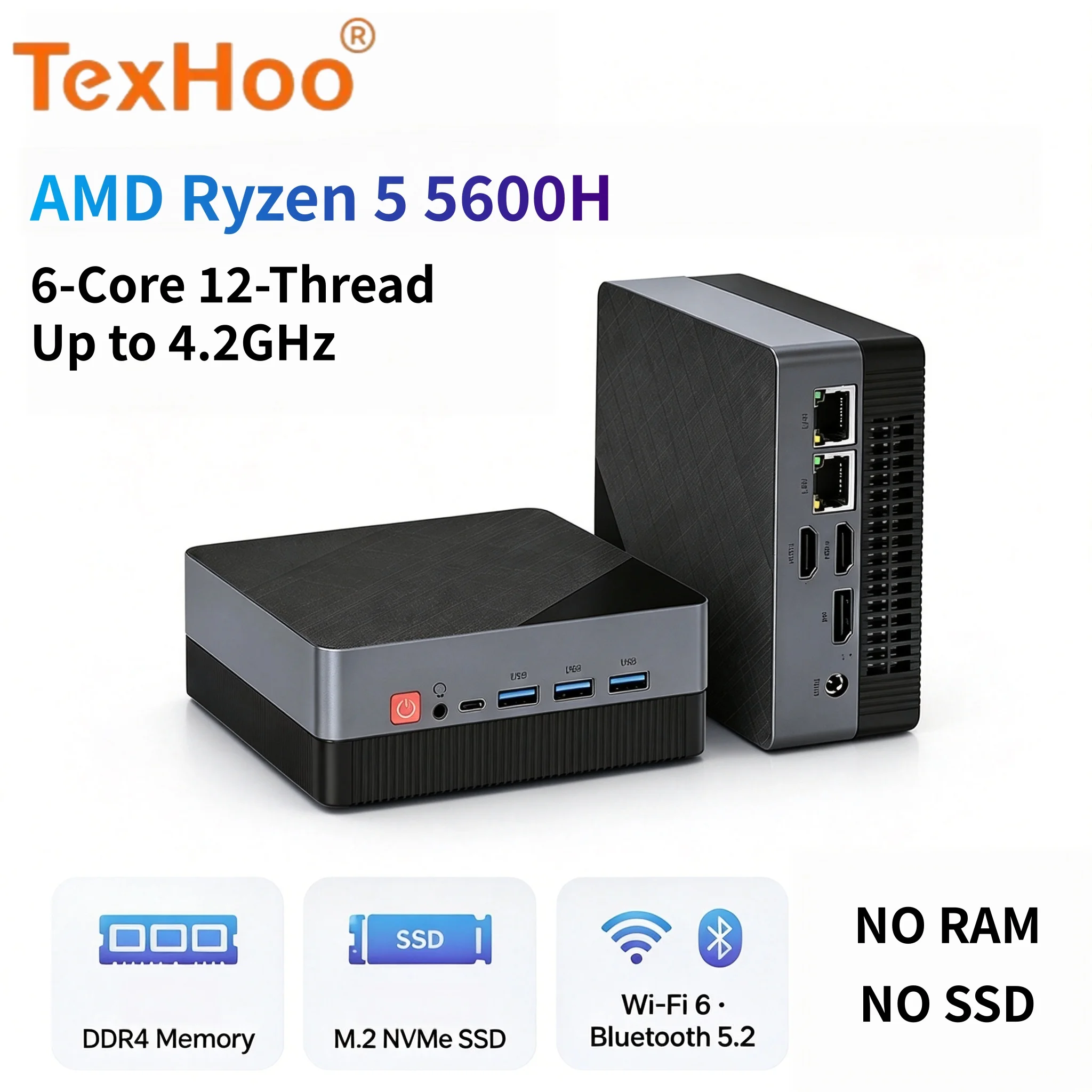 TexHoo Ryzen 5 5600H Mini PC Barebone 45W Dual LAN 3xDisplay DDR4 Dual Channel M.2 2280 No RAM No SSD No OS WIFI6 BT5.2 ﻿