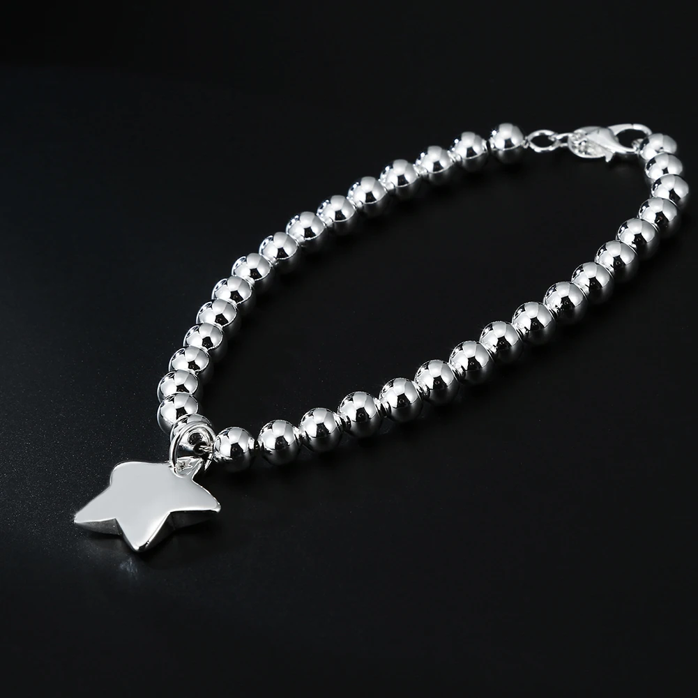 Pulseras con colgante de estrella y cadena de cuentas de Plata de Ley 925 de 4MM para mujer, accesorios de boda para fiesta de diseñador a la moda, regalos de joyería