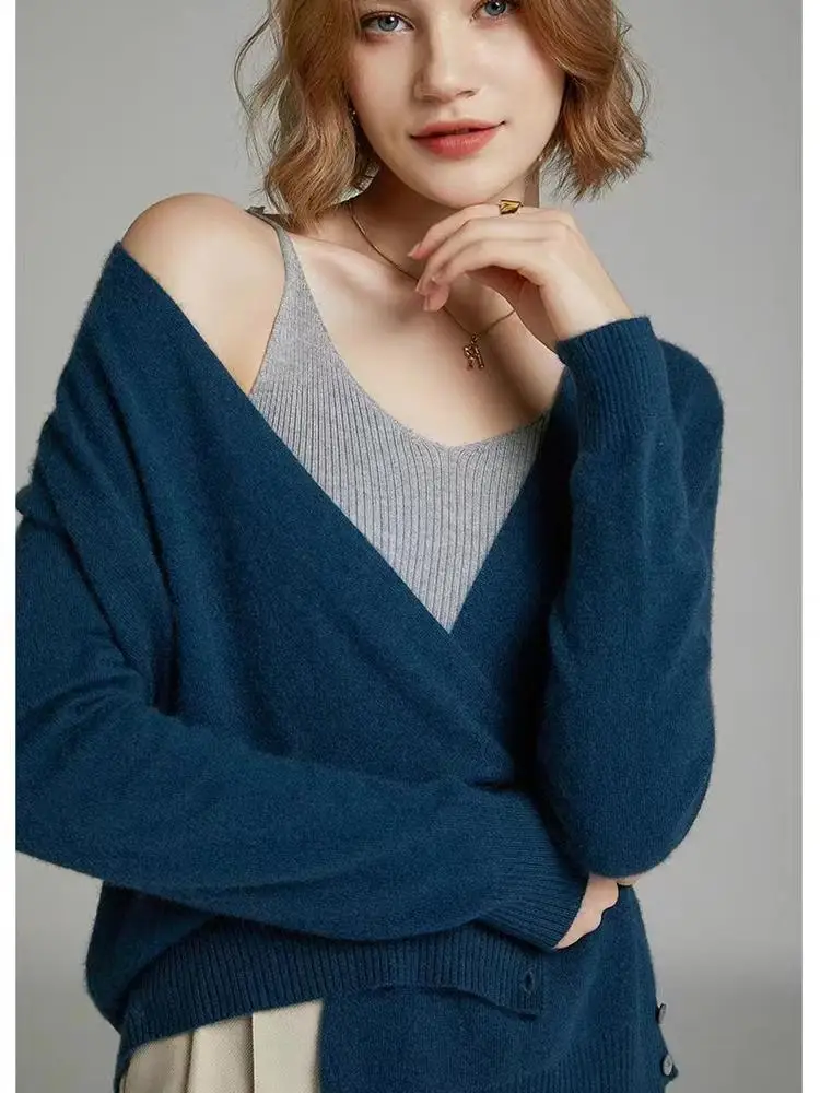 

Women's 100% Merino Wool Sweater Cross V-neck Cardigans Office Lady Knitwear Autumn Winter Cashmere Simple French Style Clothing