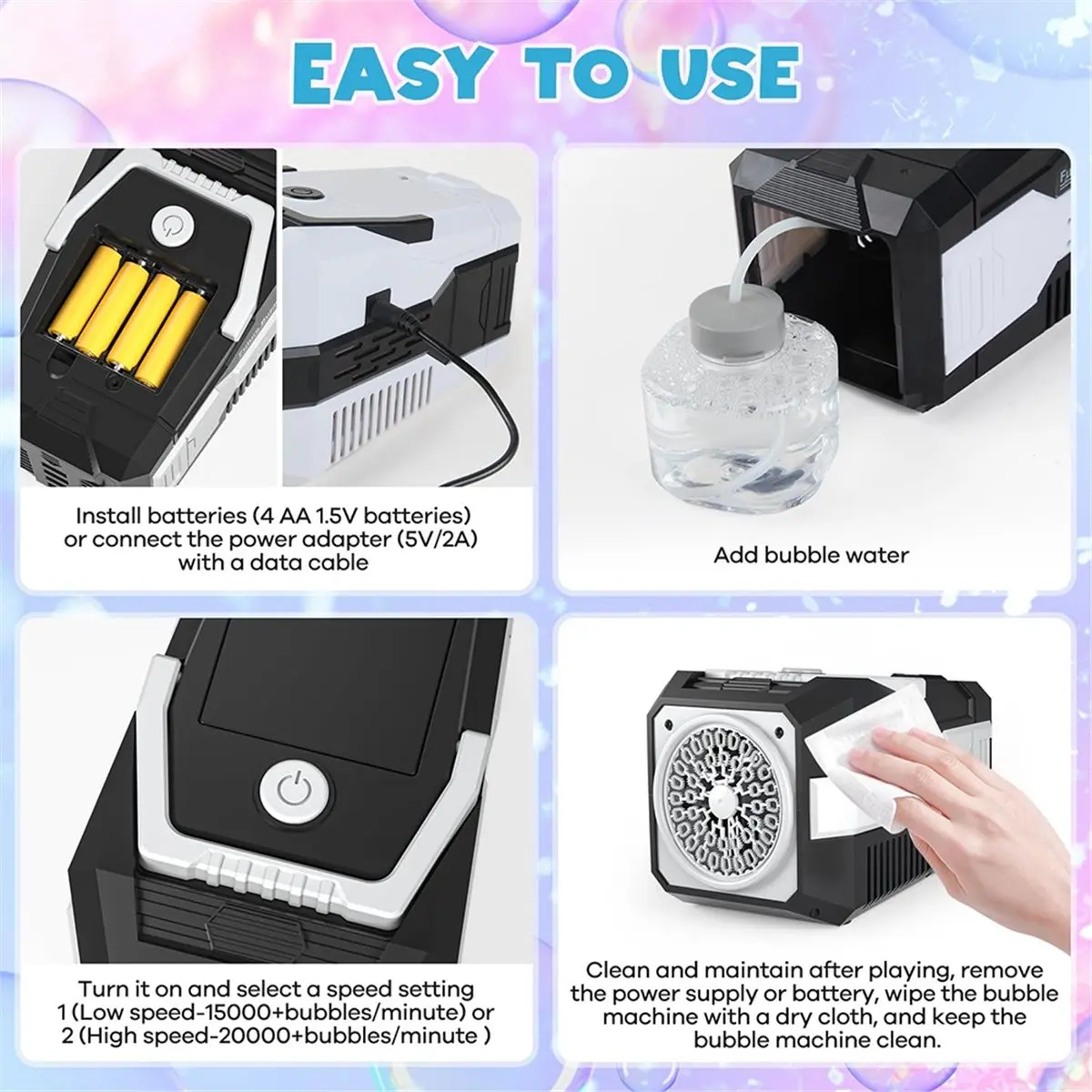 A003 Automatic Bubble Machine with 2 Speeds and Lights 20000+ /Minute Bubble Toys Powered By Power Bank or