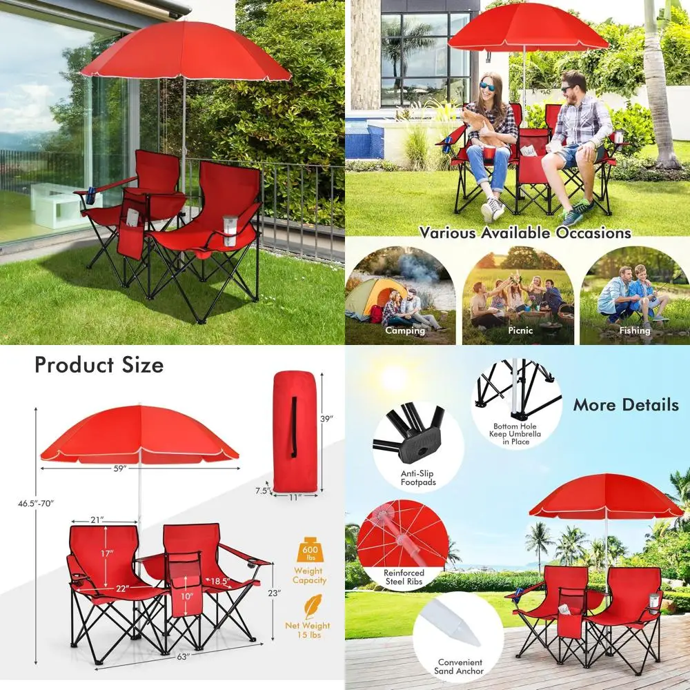 

ReunionG Double Folding Camping Chairs, Portable Beach Chairs with Removable Umbrella & Mini Table Carrying Bag, Outdoor Lawn Ch