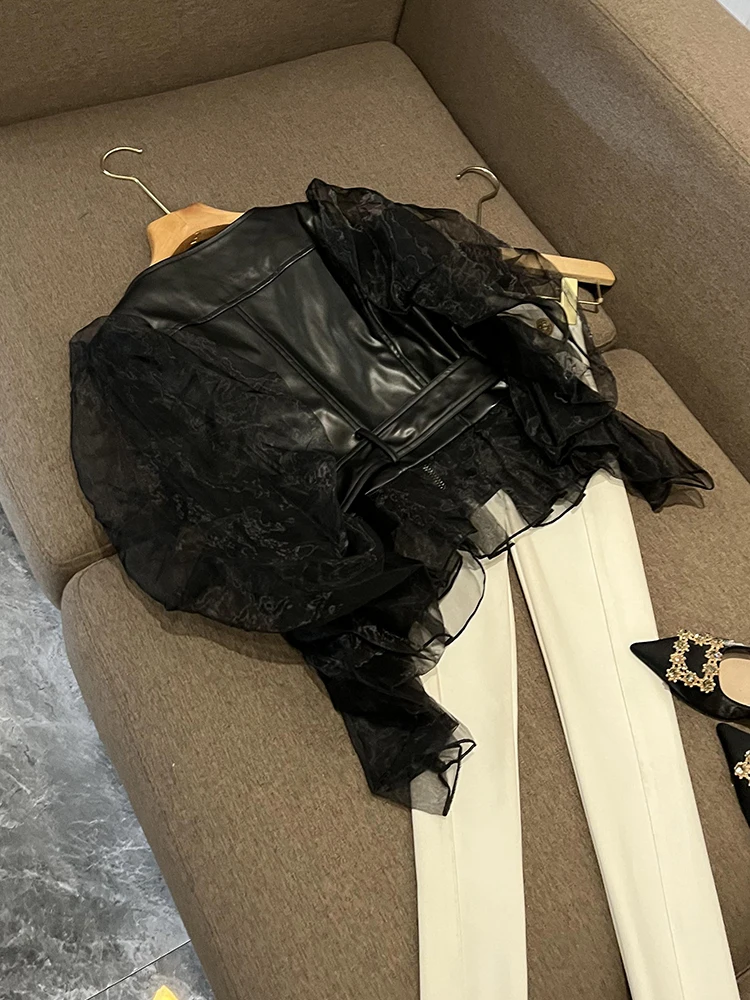 معطف نسائي طويل من Street Sle Me Splicing Biker Jaet ذو تأثير شفاف للخريف والشتاء ملابس خارجية