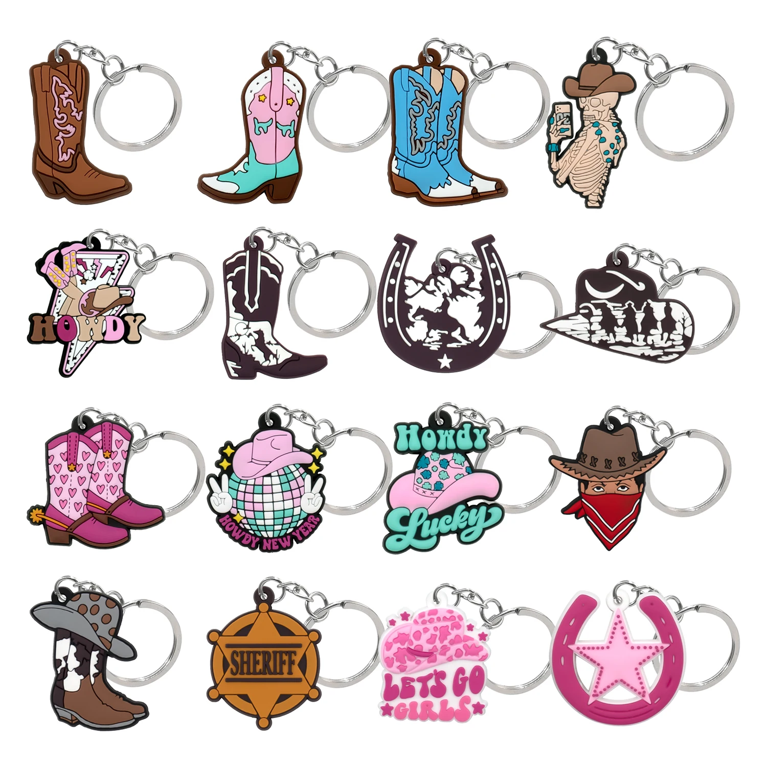 1PVC Cowboy Style  Keychain Cowboy Boots Hats Key Ring Horseshoe Drinks Key Chain Handbag Accessories for Women Kids