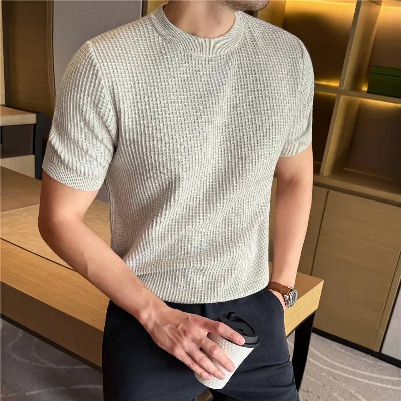 

100% Cotton Men's O-Neck Knitted T Shirt Short Sleeved Slim Fit Plaid T-Shirts for Man Spring Summer Elegant Pullovers Knitwear