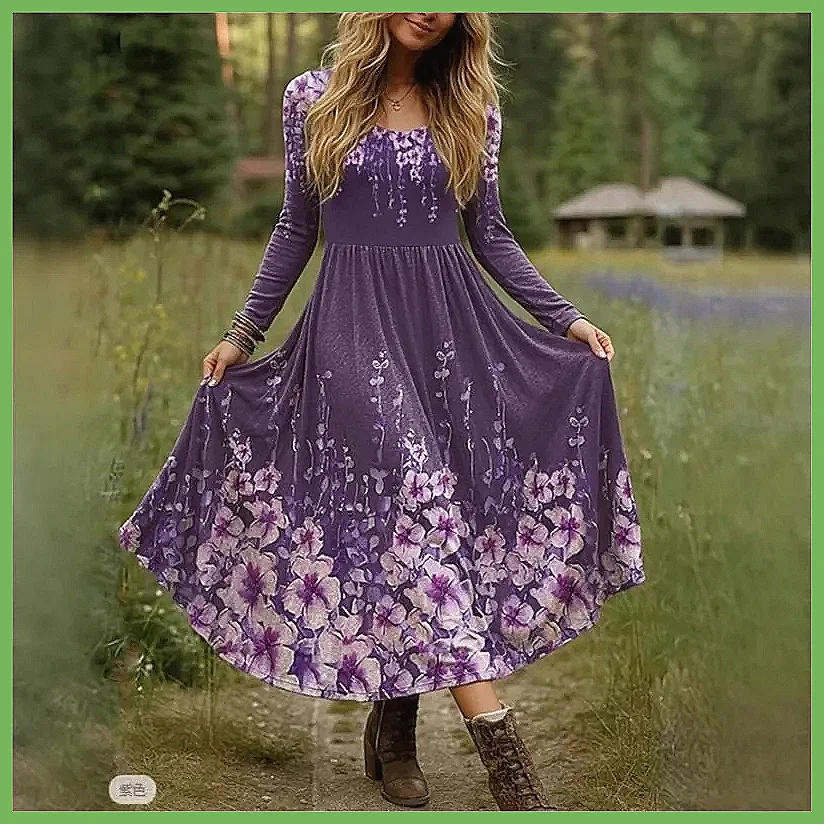 Abito Lungo Boho Vintage con Stampa per Donna 2025, Vestito Casual con Scollo a V e Vita Alta