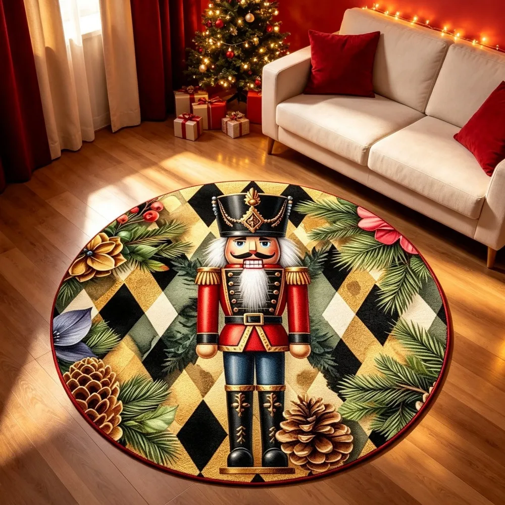 Red Black Plaid Round Area Rug Merry Christmas Circular Floor Mat White Leaf Garland Winter Carpet for Studio Lounge
